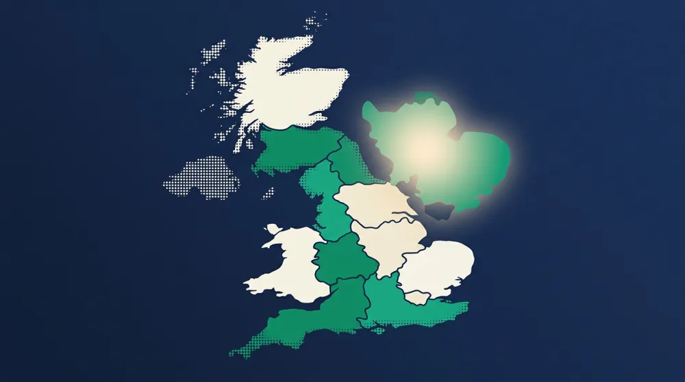 A dotted map of Great Britain divided into soft glowing regions