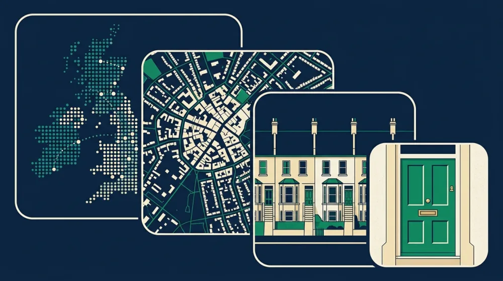 Four nested map frames zooming from a country to a town to a street to a single door