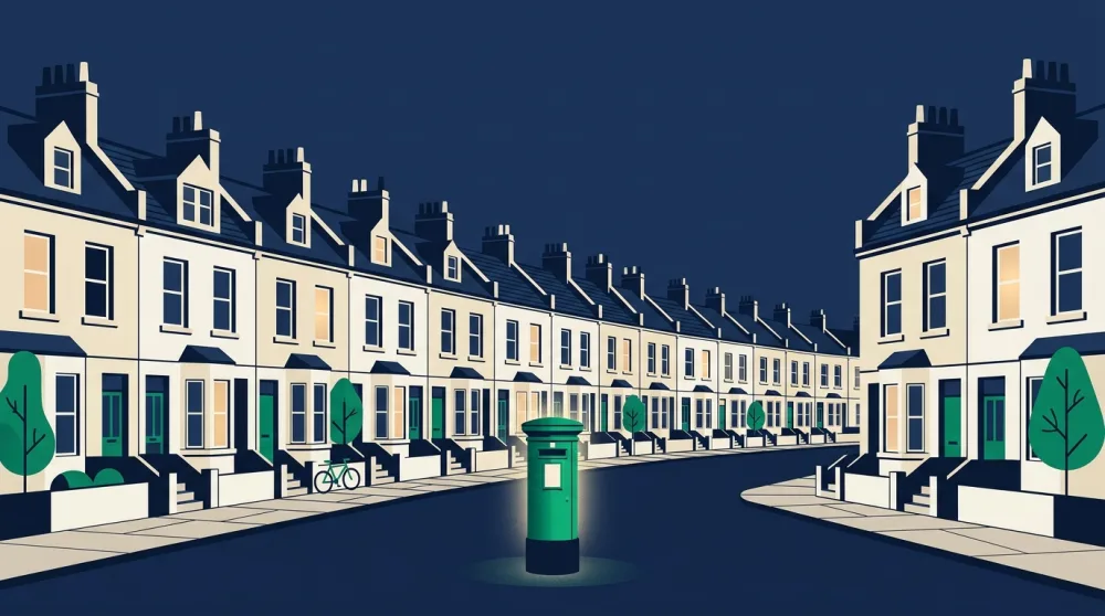 A dusk terraced street where fifteen houses share one glowing postbox
