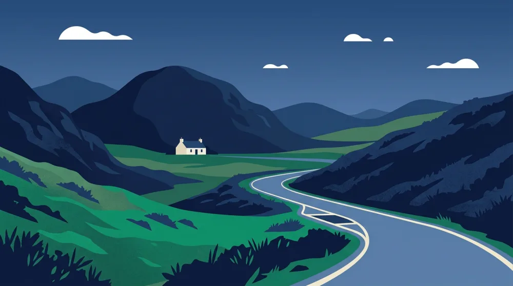A single-track Highland road through mountains