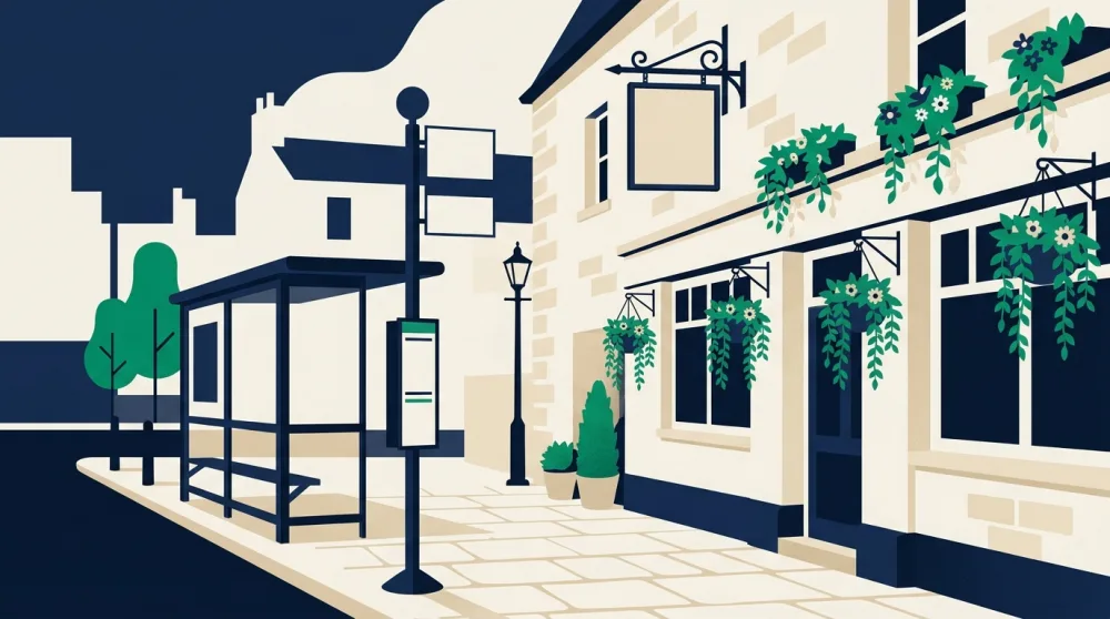 A bus stop outside a traditional pub with a blank hanging sign