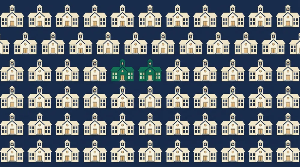 A repeating pattern of identical small school buildings