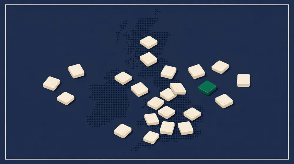 Blank letter tiles scattered over a dotted map of Britain
