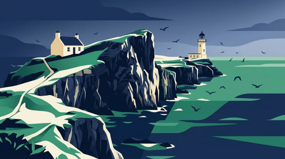 Northern sea cliffs with a croft cottage and lighthouse