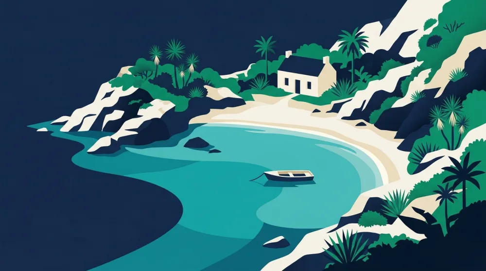A cove with white sand and a single cottage