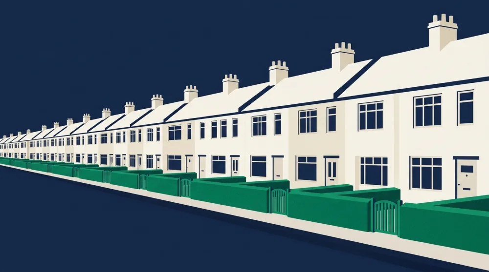 A row of identical semi-detached houses