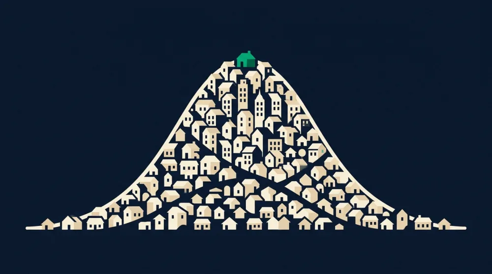 A bell curve drawn as a hill of rooftops with one house at the peak